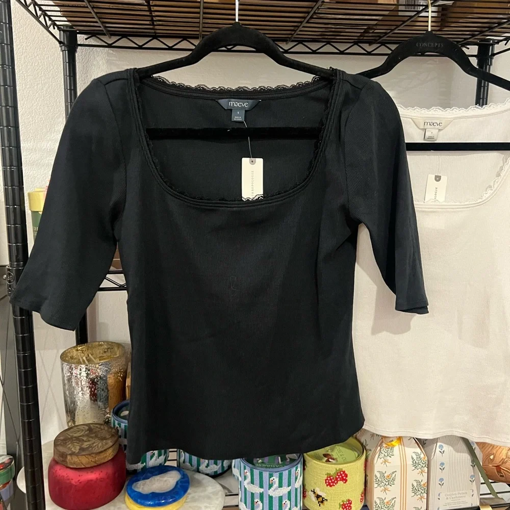 Maeve Lace-Trimmed Three-Quarter Sleeve Top, Black, SMALL NWT - Picture 4 of 5